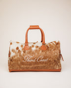 Cowhide duffle bag hardware and zipper detail, Red Angus