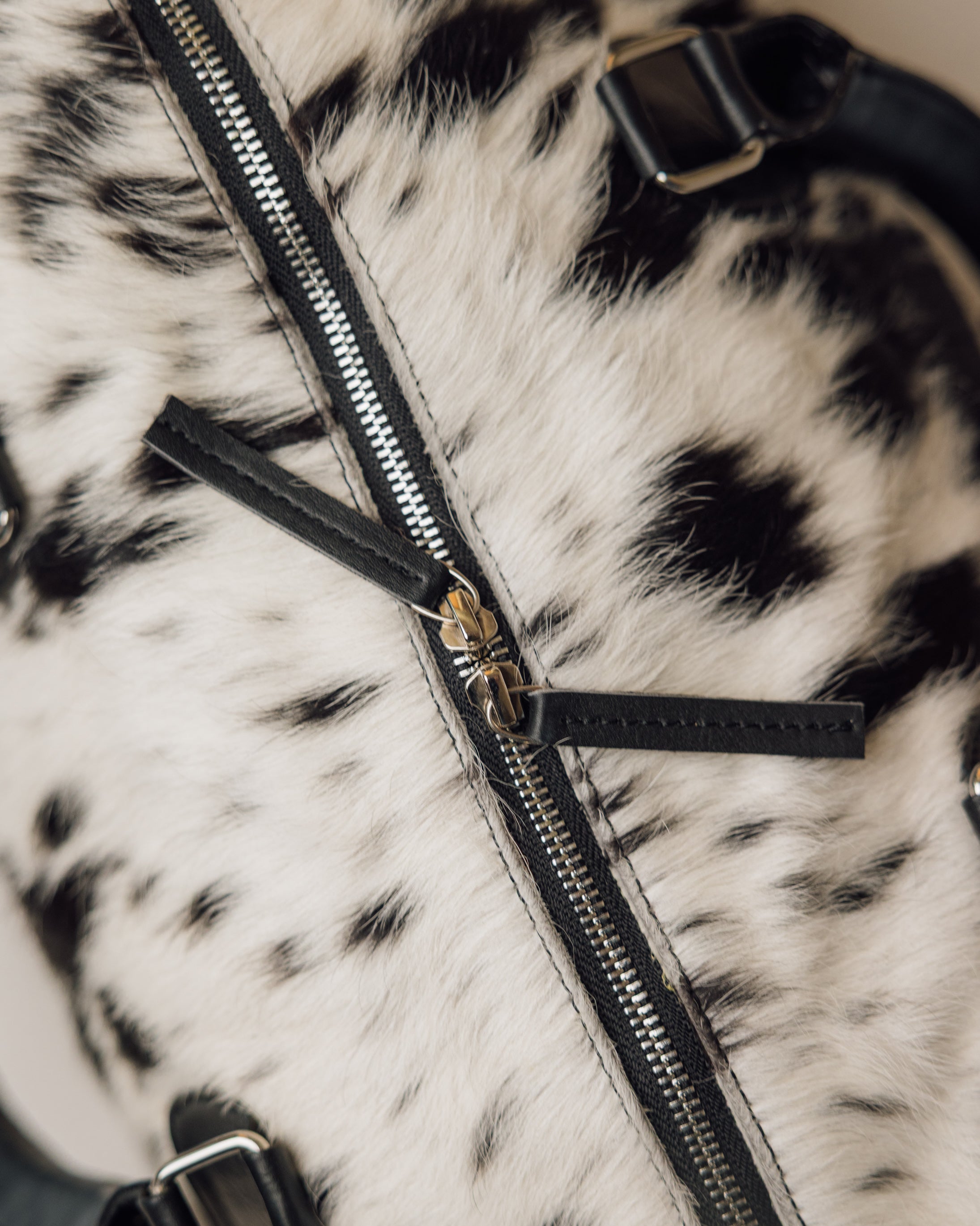 Cowhide duffle bag leather base and stitching, black and white
