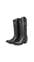 Black tooled leather cowgirl boot, snip toe, front view
