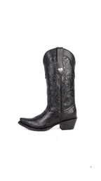 Black tooled leather cowgirl boot, side profile showing floral tooling up the shaft