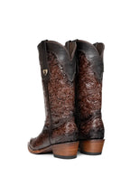 Back view of dark brown tooled cowgirl boot shaft and pull straps