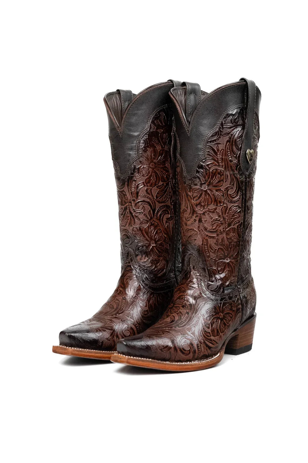 Dark brown tooled leather cowgirl boot, snip toe, front view