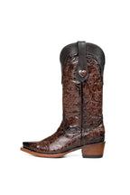 Dark brown tooled leather cowgirl boot, side profile showing floral tooling up the shaft