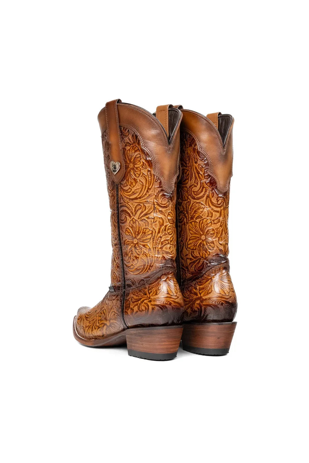 Back view of tan tooled cowgirl boot shaft and pull straps