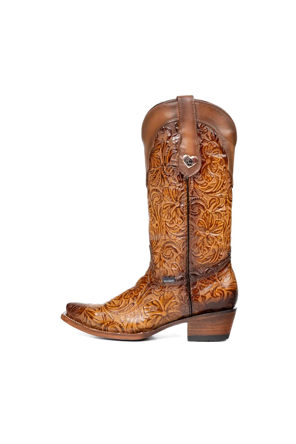 Tan tooled leather cowgirl boot, side profile showing floral tooling up the shaft