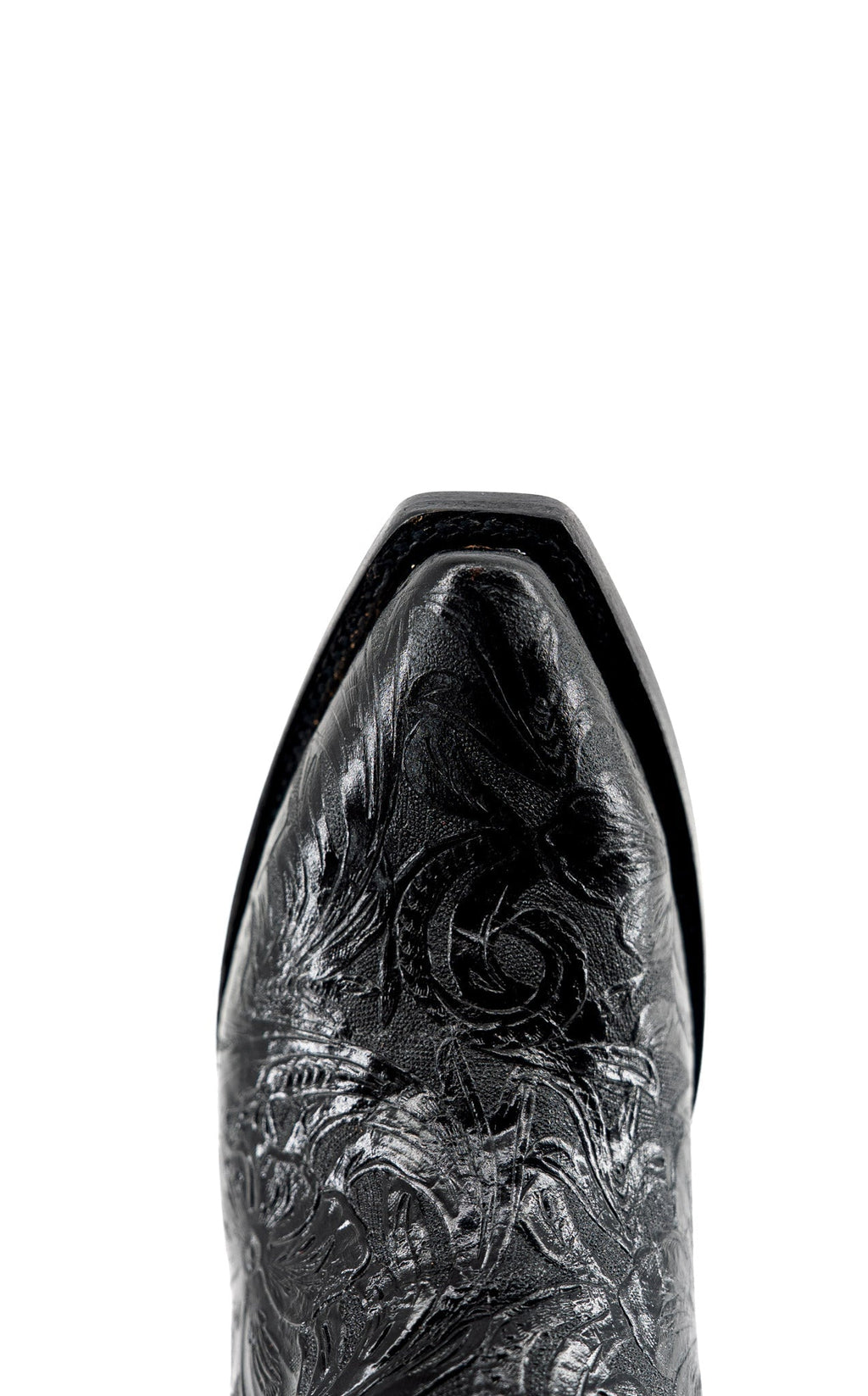 Top-down view of black tooled leather cowgirl boot snip toe