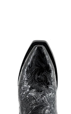 Top-down view of black tooled leather cowgirl boot snip toe