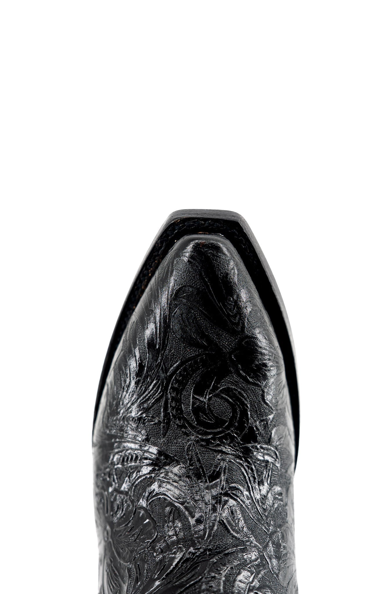 Top-down view of black tooled leather cowgirl boot snip toe