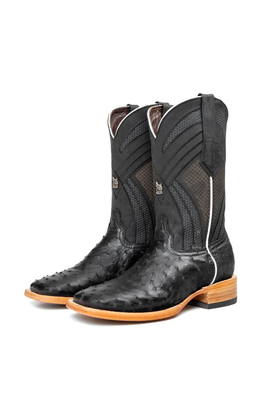 Black full quill ostrich cowboy boot, square toe, front view
