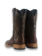 Back view of mocha ostrich boot with pull straps