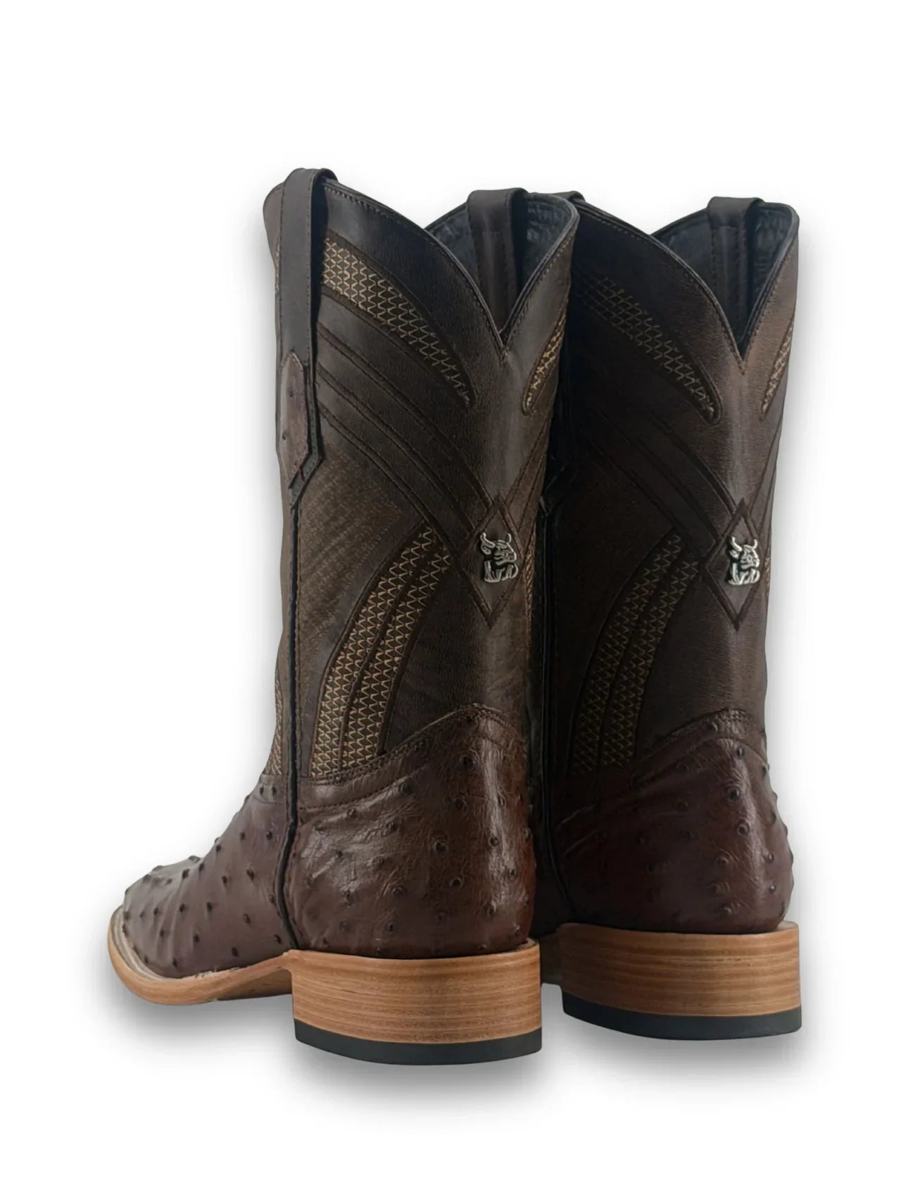 Back view of mocha ostrich boot with pull straps