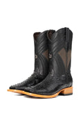 Black gloss genuine python cowboy boot, square toe, front view