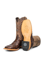 Brown pirarucu boot vamp and scale detail