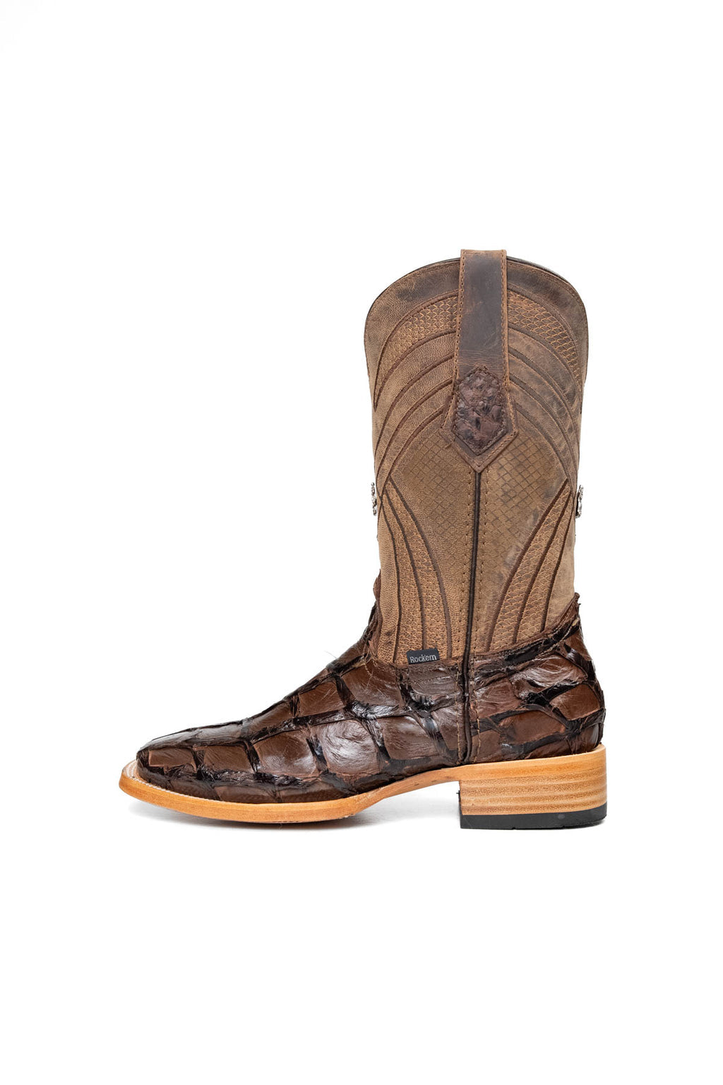 Brown pirarucu boot side profile showing shaft and stacked heel