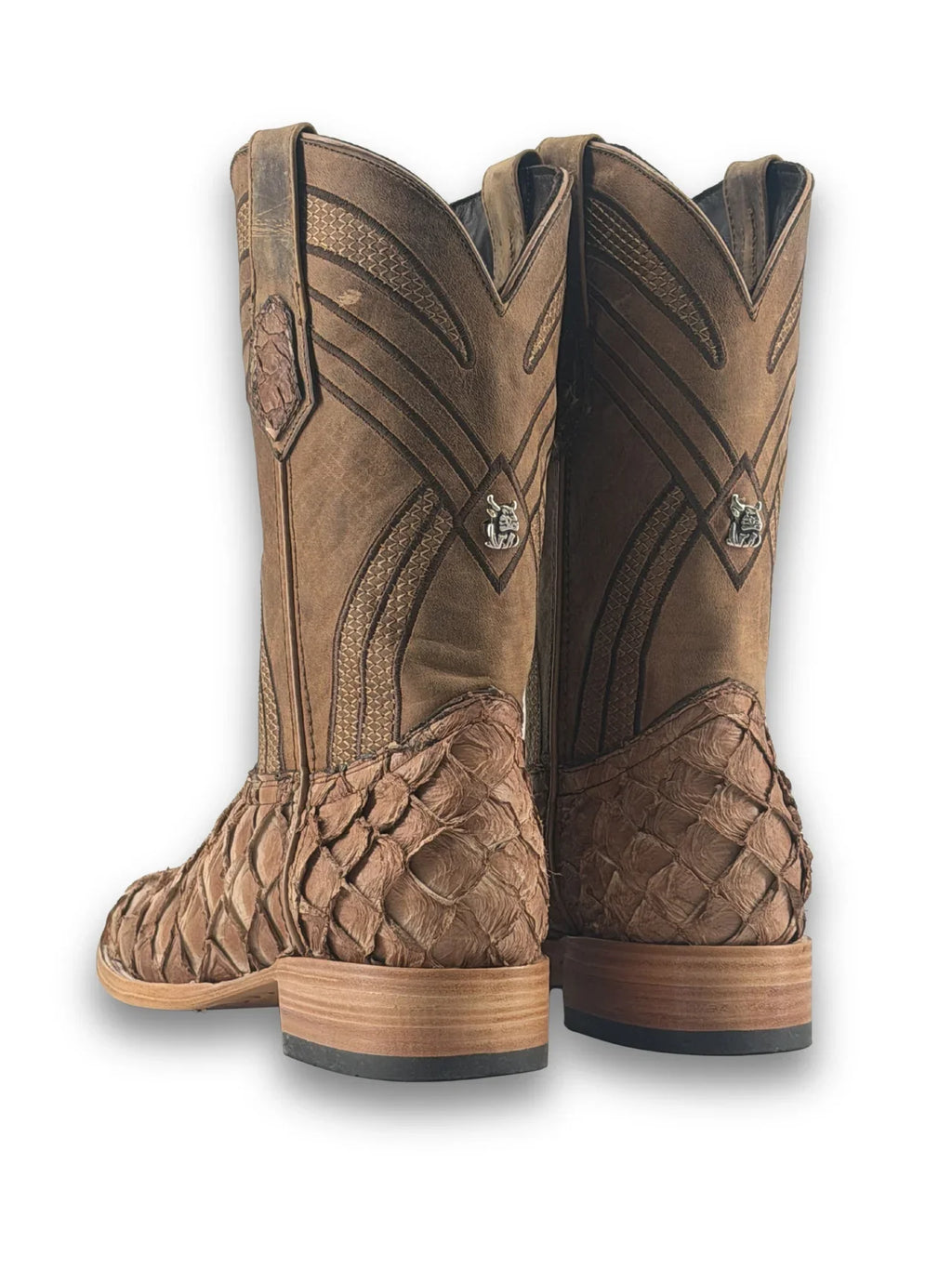 Back view of pecan pirarucu boot with conchos and pull straps