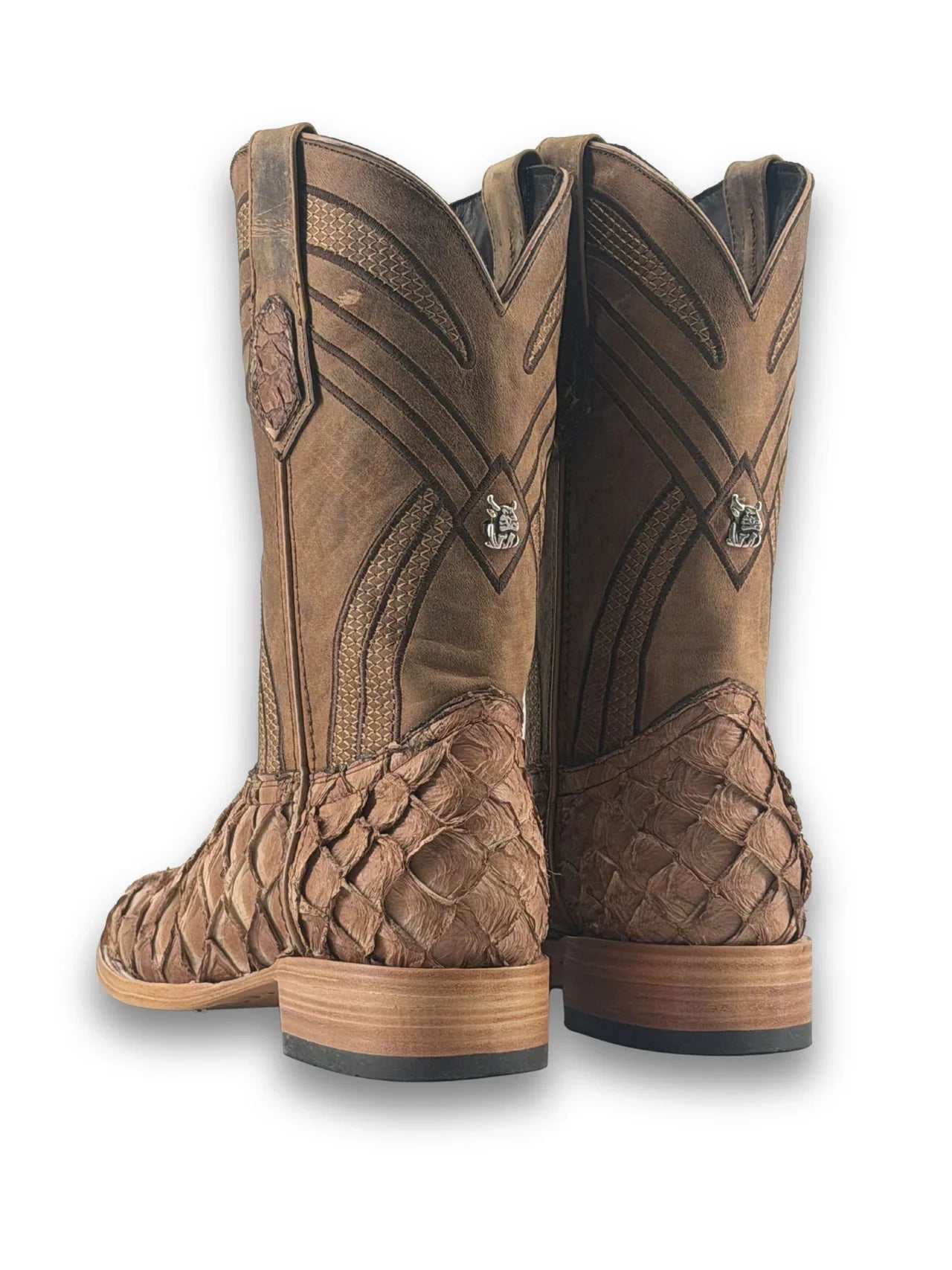 Back view of pecan pirarucu boot with conchos and pull straps