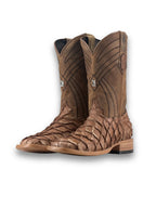 Pecan genuine pirarucu cowboy boot with silver conchos, front view