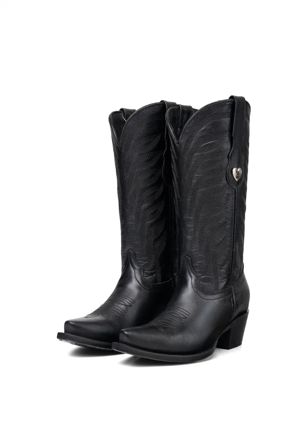 Black leather cowgirl boot, snip toe, front view