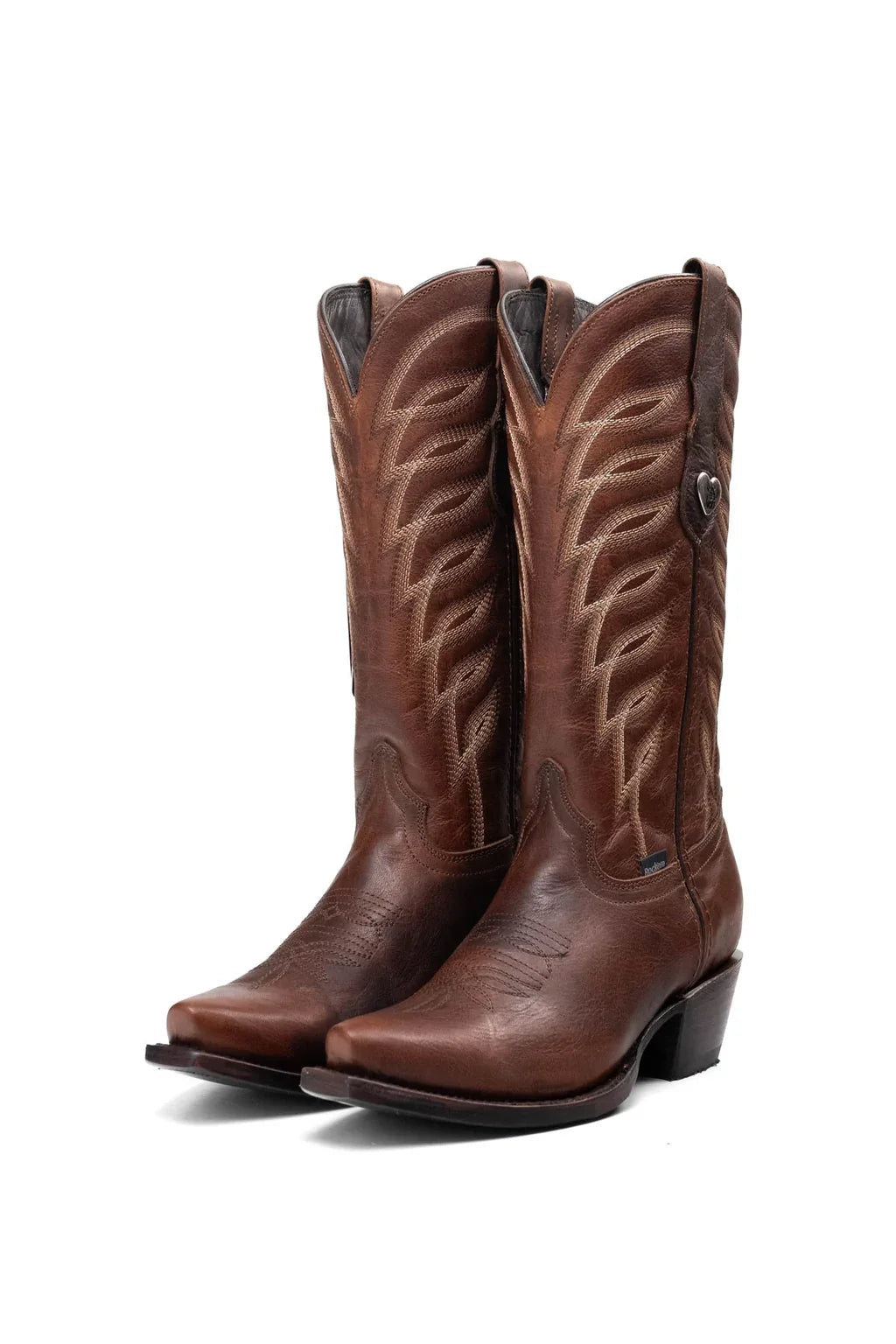 Brown leather cowgirl boot, snip toe, front view